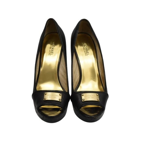Michael Kors Peep Toe Platform High Heels Shoes 10 Black Leather Gold Logo Plate - Picture 2 of 6